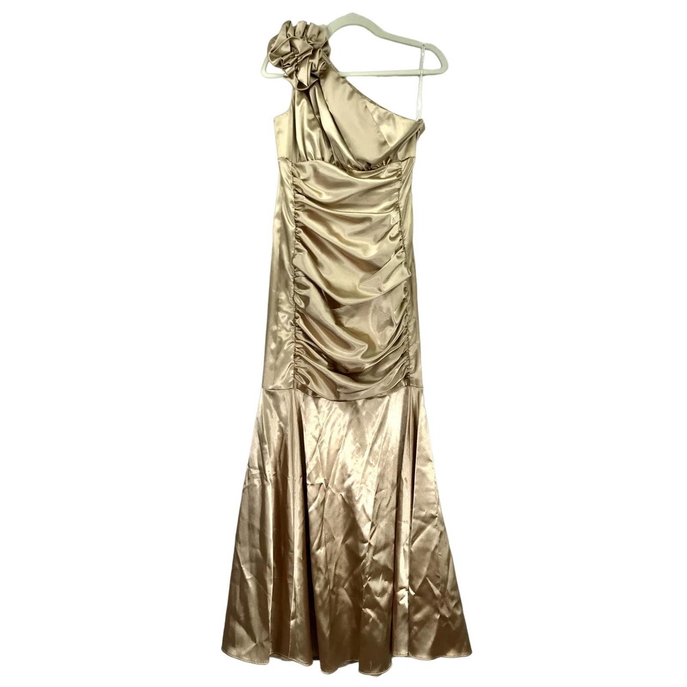 Jessica McClintock Gunne Sax Satin Dress Size 7 Gold One Shoulder Mermaid 80s